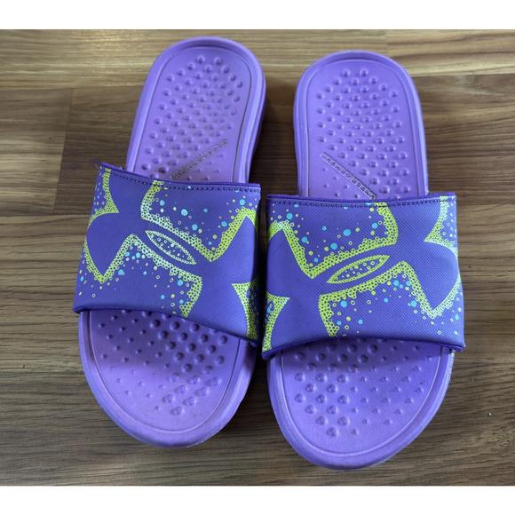 Under Armour Sandals Youth Size 5 Fixed Slip On Slides Purple Yellow - Picture 1 of 4